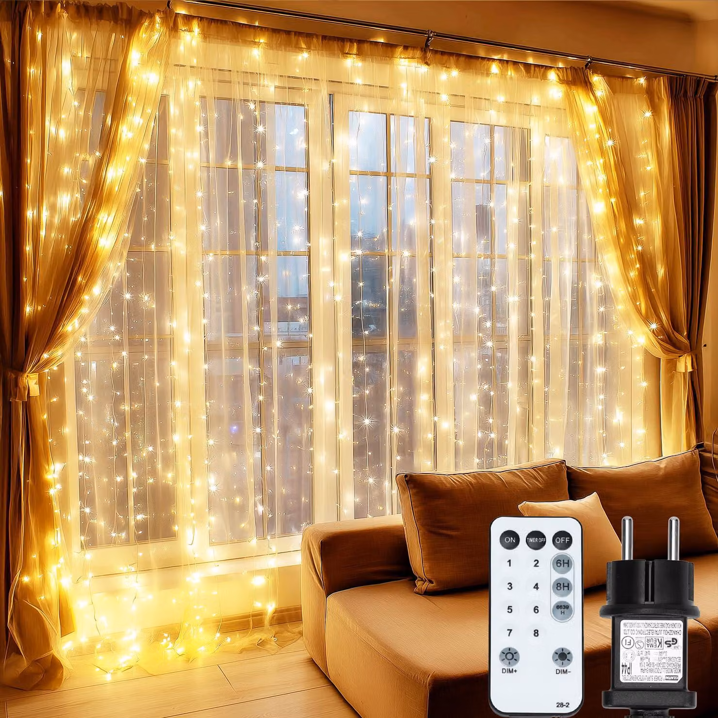 Tenda luminosa a LED, dimensioni 2x2 metri, luce bianca calda, con telecomando