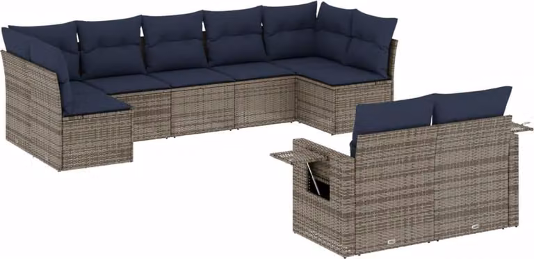 Set Divani da Giardino 9 pz con Cuscini Grigio in Polyrattan