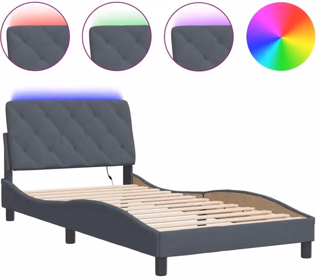 Letto singolo moderno in velluto grigio con illuminazione LED sottostante e porta di ricarica USB, L/P: 100 x 200 cm
