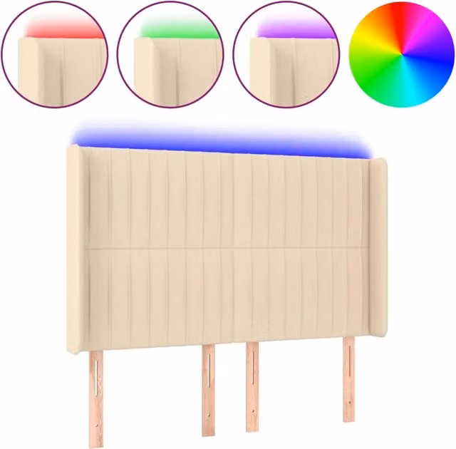 Testiera con illuminazione LED e porta di ricarica USB in tessuto beige, L: 147 cm, P: 16 cm, H: 118/128 cm – 1