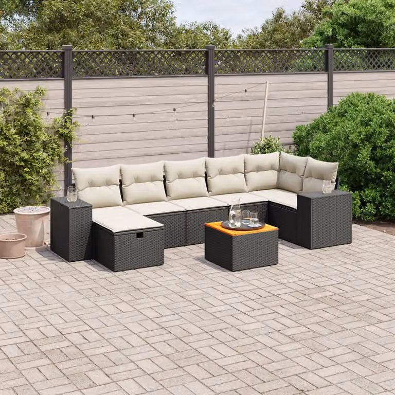 vidaXL Set Divani da Giardino a L con 8 Pezzi, Polyrattan Nero e Struttura in Acciaio, con Cuscini Rimovibili e Tavolino da Esterno