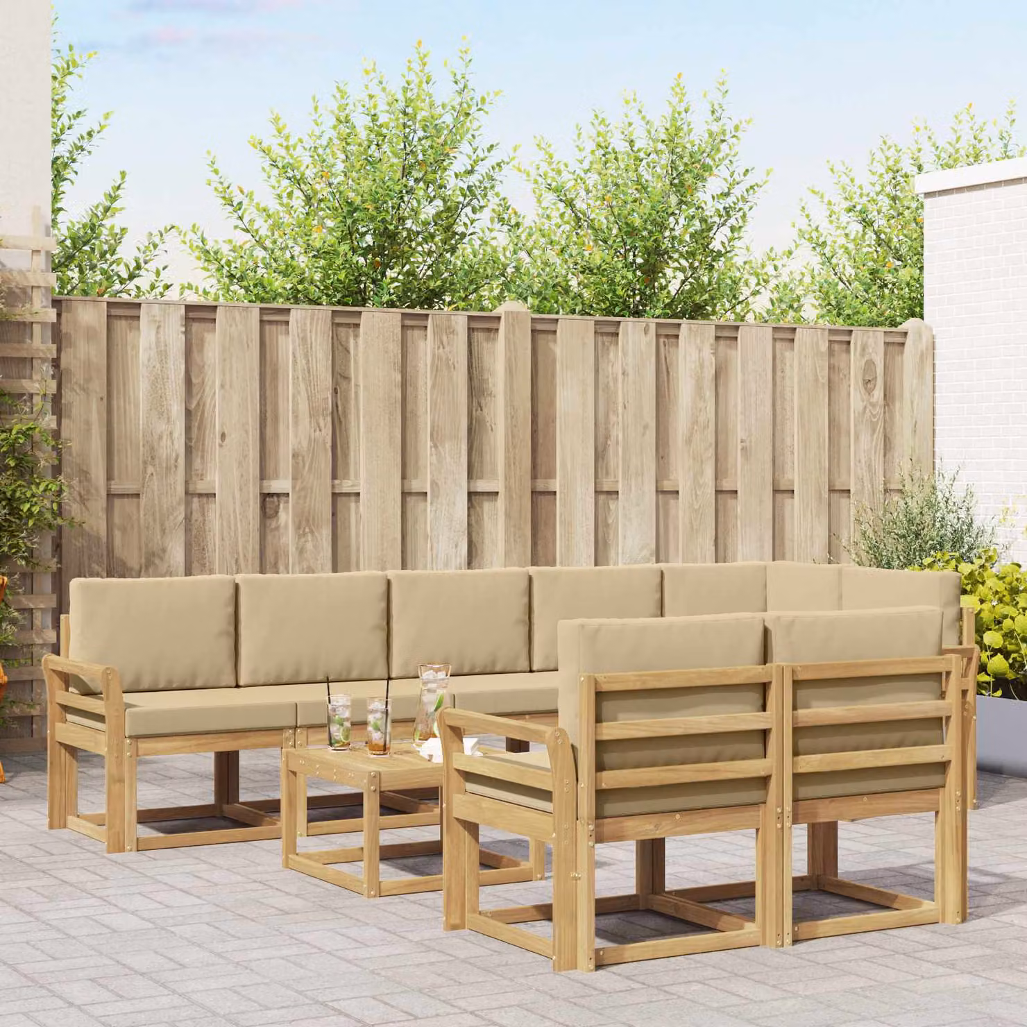 vidaXL Set di divani da esterno a L composto da 9 pezzi con tavolino da caffè, in legno di acacia e tessuto bianco, beige e marrone