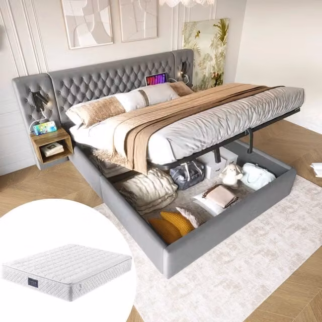 Letto con contenitore 160 × 200 cm con due comodini; luci da lettura USB e Type-C; velluto grigio con materasso