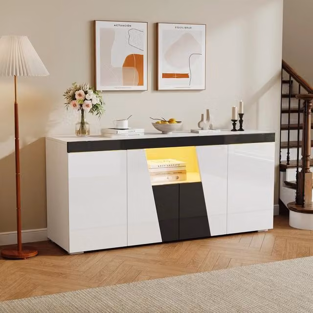 Cassettiera Moderna Minimal con Illuminazione LED Integrata, Colore Nero, Bianco e Legno, L 140 cm x P 40 cm x H 65 cm – 1