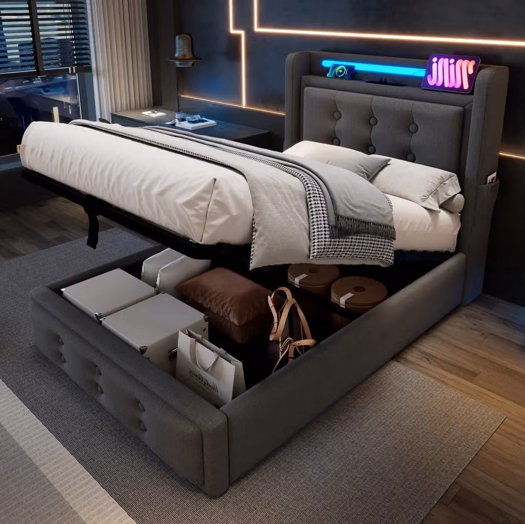 Letto singolo MODFU imbottito in tessuto grigio con contenitore, illuminazione LED, porta USB e mensola integrata, L/P/H: 91 x 222 x 109 cm – 2