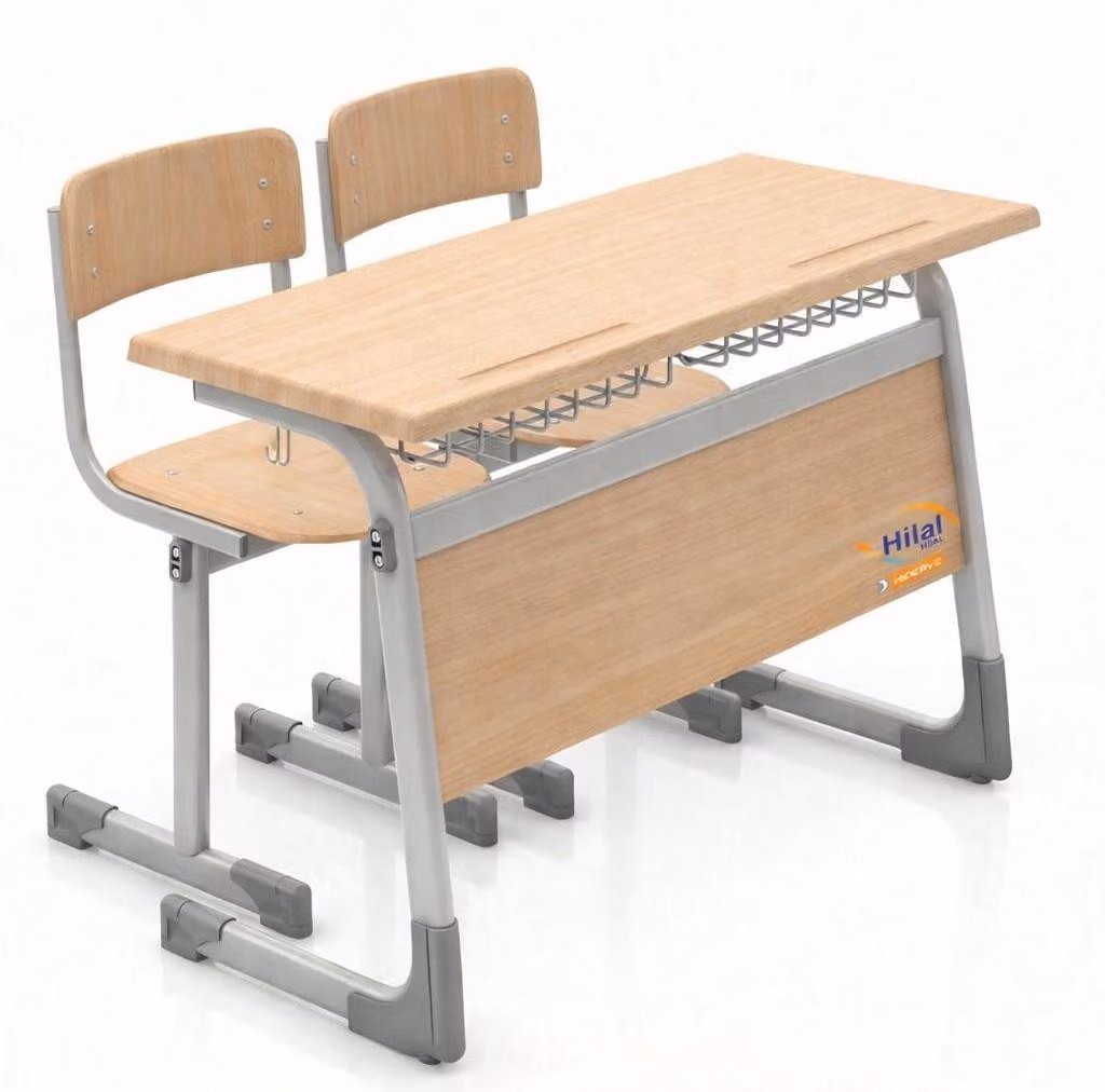 Set di arredi scolastici: banco scolastico con due sedie, effetto legno, struttura in metallo