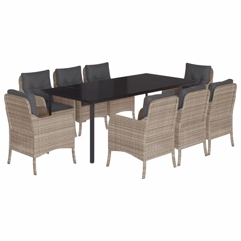 Set Pranzo da Giardino 9pz con Cuscini Grigio Chiaro Polyrattan
