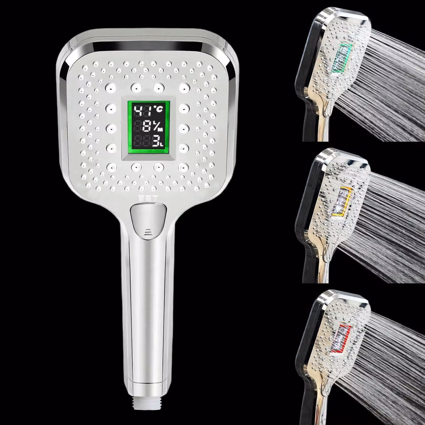 Testina doccia a LED con indicatore di temperatura, flusso e consumo, 3 modalità, alimentata a batteria
