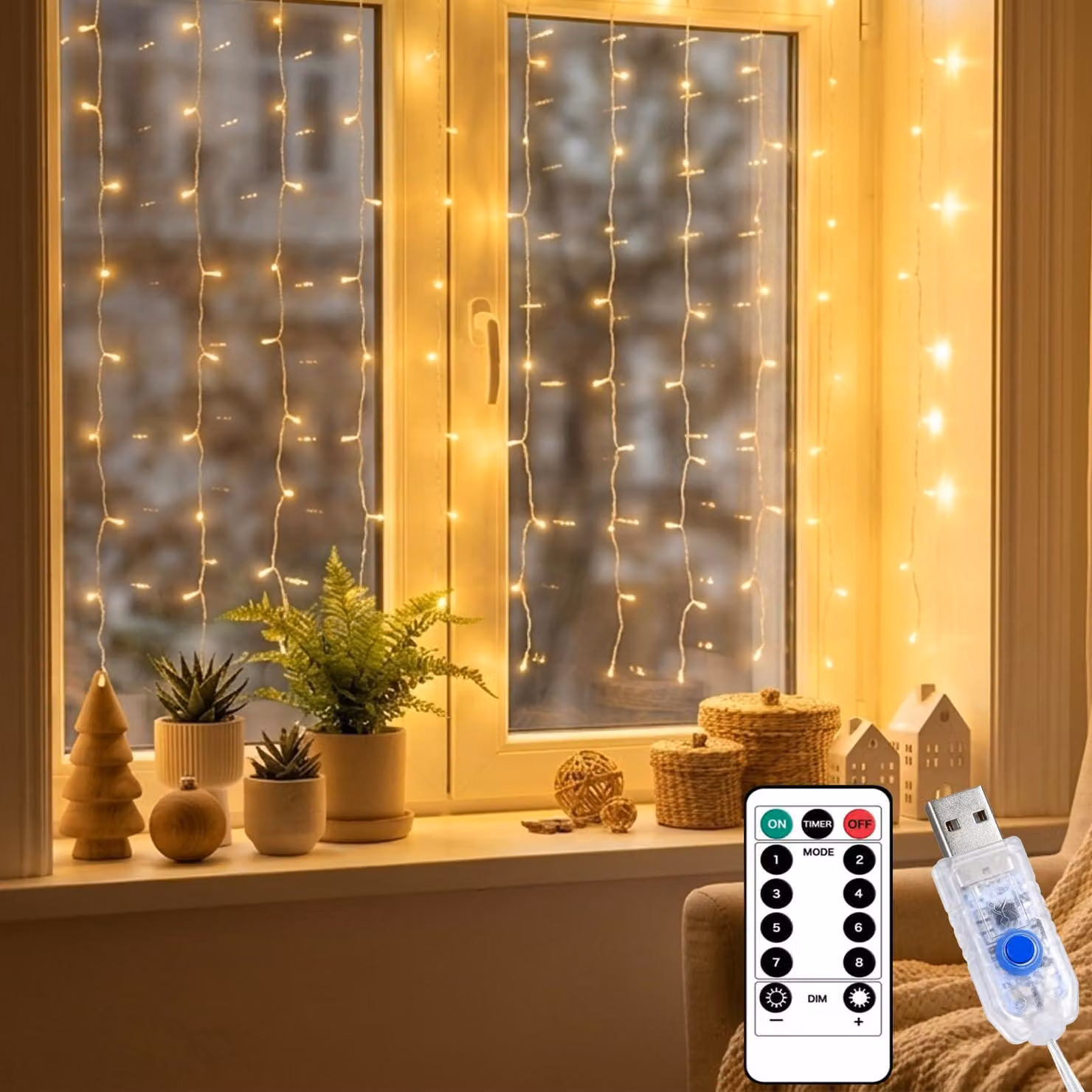 Tenda luminosa a LED - 1x1 metro, luce bianca calda - 100 LED, alimentazione tramite USB