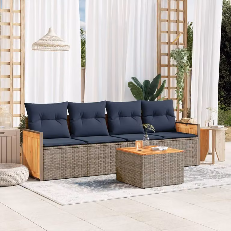 Set da giardino vidaXL in polyrattan grigio composto da 5 pezzi con cuscini inclusi e tavolino da esterno