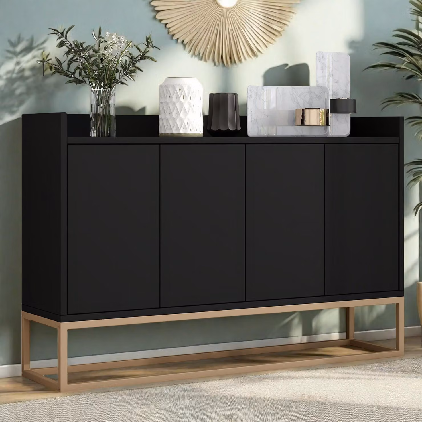 Credenza UnboxG 120x30x80 cm nera con 4 ante, mobile contenitore per soggiorno, sala da pranzo o ingresso – Mobile contenitore moderno, stabile e versatile