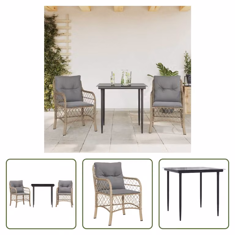 The Living Store Set bistrot 3 pezzi con cuscini Beige mix poly rattan