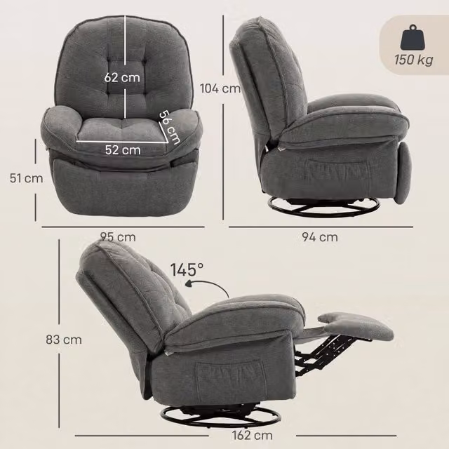 Poltrona relax girevole con funzione oscillante e reclinabile, tasche laterali, in poliestere grigio chiaro