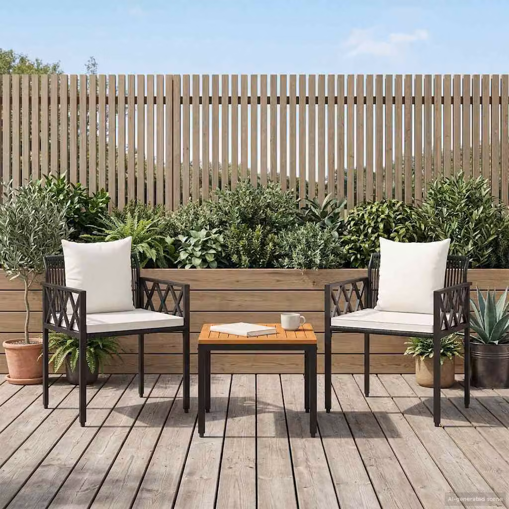 Set di mobili da giardino vidaXL in 3 pezzi in polyrattan e legno di acacia nero e bianco crema