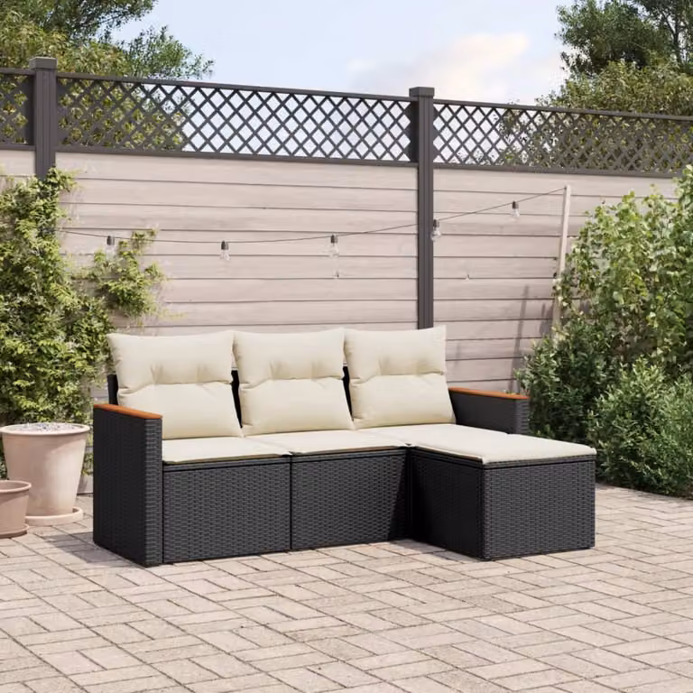 vidaXL Set Divani da Giardino a L con Cuscini Nero in Polyrattan e Struttura in Acciaio