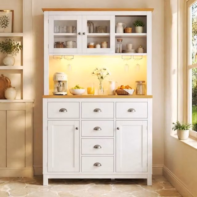 Credenza per cucina con illuminazione LED controllabile tramite app; piano d'appoggio; MDF bianco; 104 × 40 × 180 cm