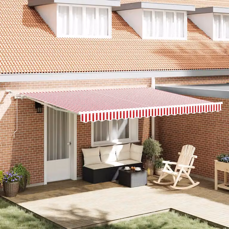 Tenda retrattile vidaXL in poliestere con bracci pieghevoli e telecomando, Rosso e Bianco, L: 450 cm, P: 350 cm