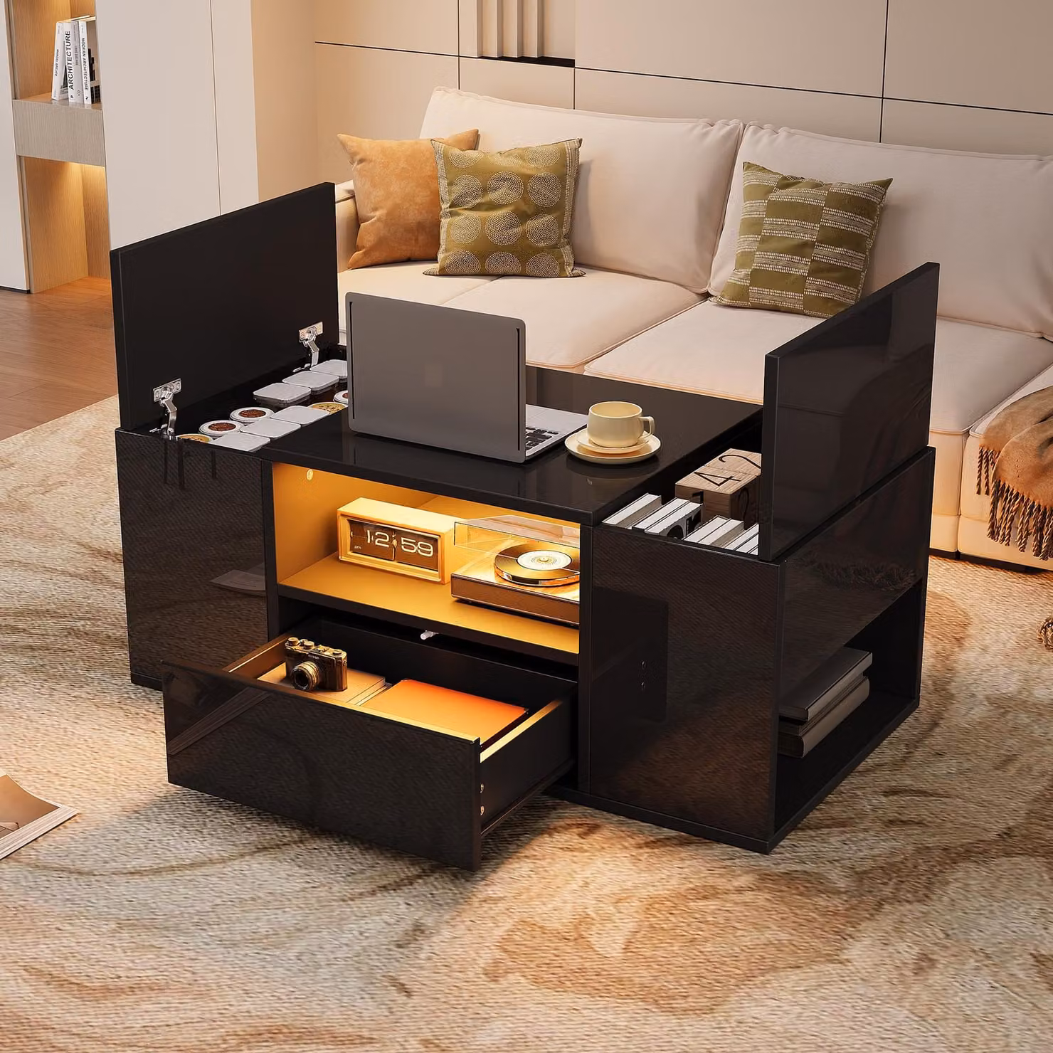 Tavolino da caffè nero, con illuminazione LED, 1 cassetto + 2 vani portaoggetti, 6 scomparti