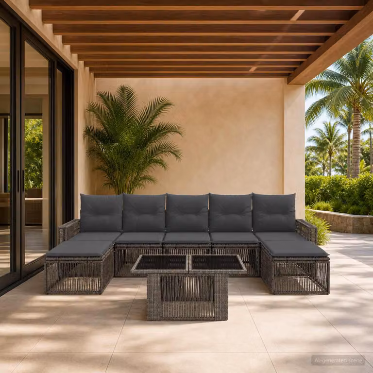 Set Divano da Giardino vidaXL 8 Pezzi a Forma di U in Polyrattan Grigio e Antracite con Cuscini e Tavolino