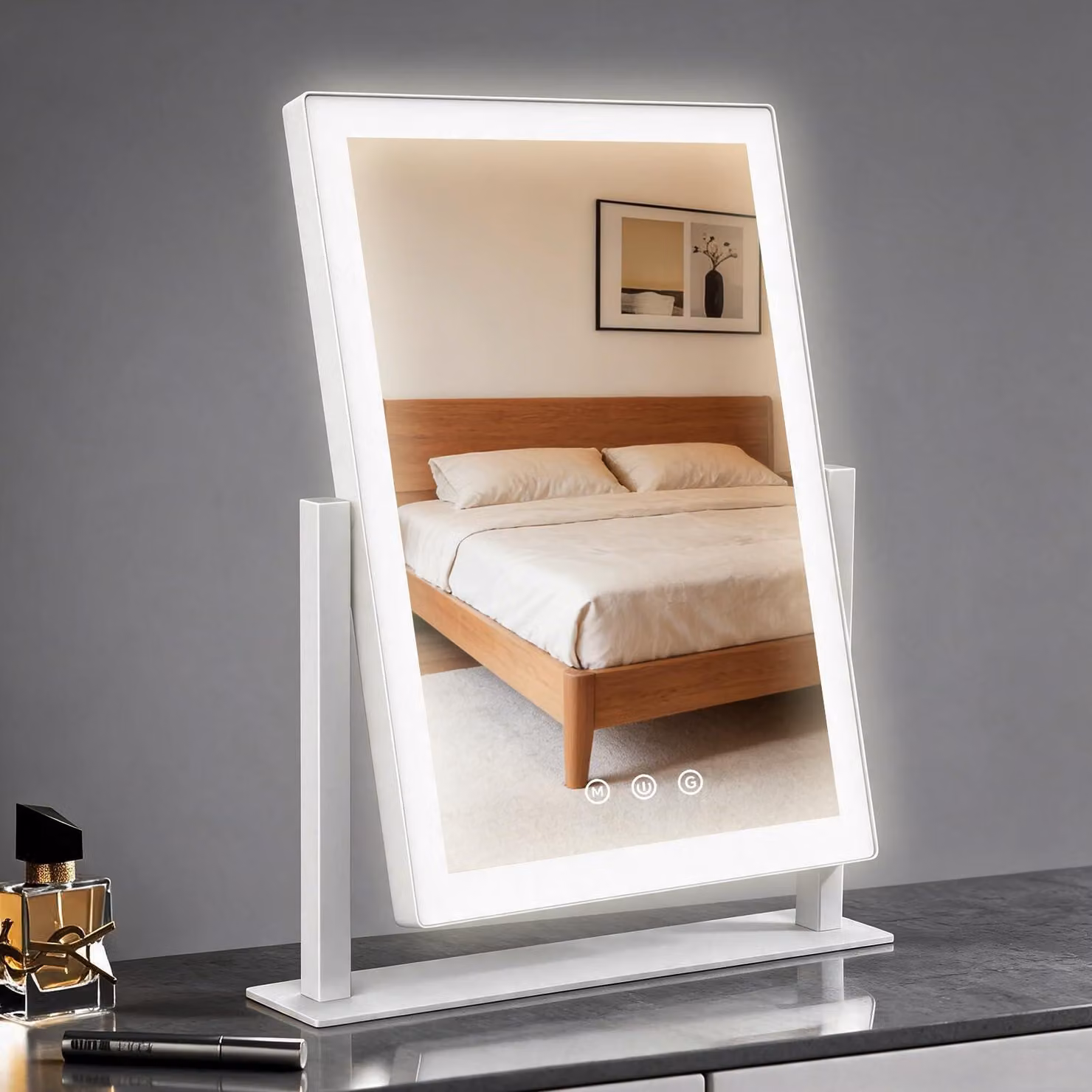 Specchio da trucco a LED, dimensioni 27,5x37,5 cm, rotazione a 360°, dimmerabile, colore bianco