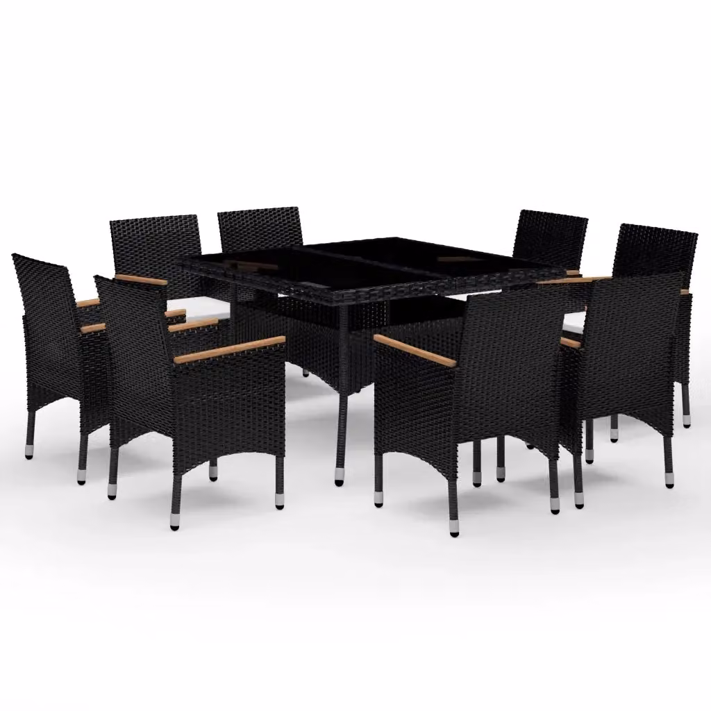 vidaXL Set da Pranzo da Giardino 9 pz in Polyrattan e Acacia con Piano in Vetro, Colore Nero, Marrone e Beige, L/P/H: 120 x 75 x 75 cm – 2