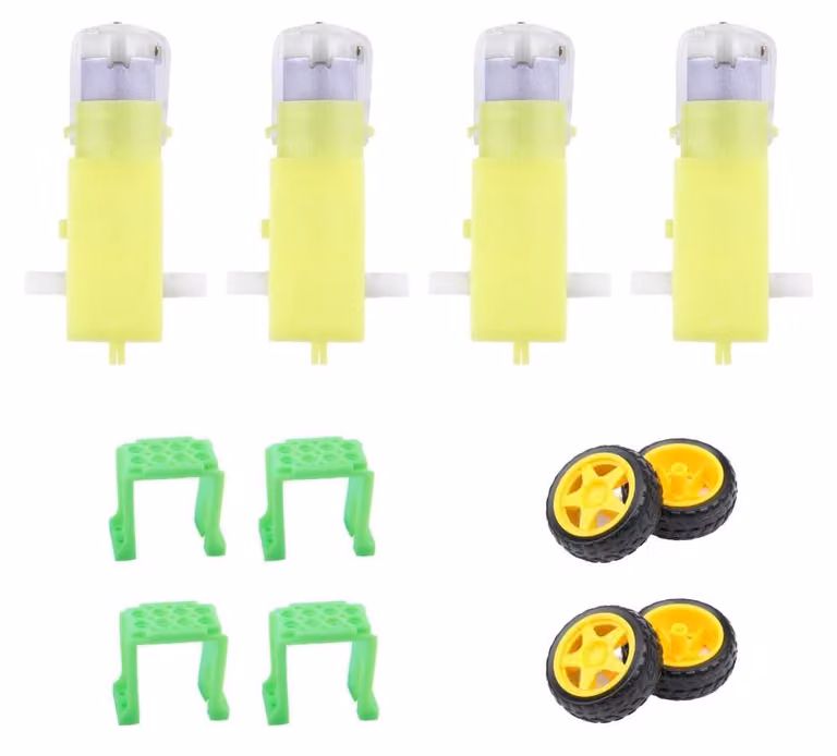 Motore a ingranaggi DC, rapporto 1:120, confezione da 4 pezzi, doppio albero, tensione 3-6V, completo di ruote