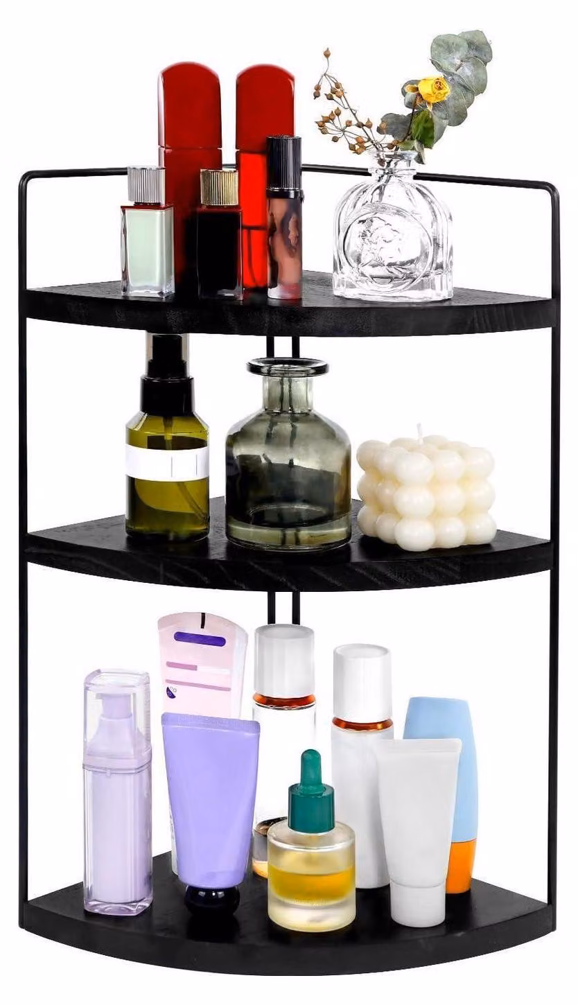 Scaffale a 3 ripiani in legno nero, ideale per bagno, cucina, ufficio o negozio di cosmetici, facile da montare