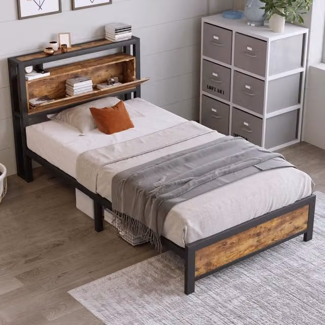 Letto singolo OKWISH in stile industrial con testiera contenitore e ripiani, colore marrone, L/P/H: 90 x 200 x 100 cm – 1