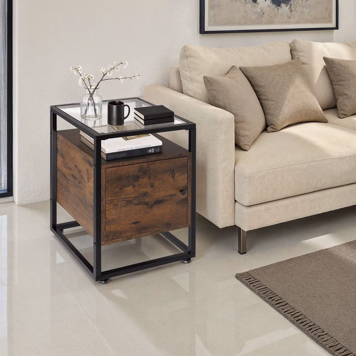 Comodino in stile industriale TecTake GmbH in legno MDF e metallo, colore marrone, L 40 cm x P 43 cm x H 60,5 cm – 1