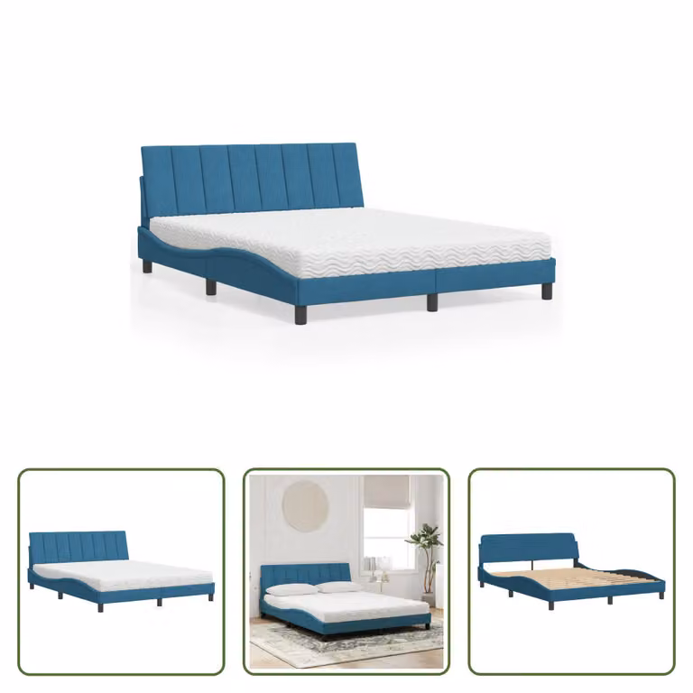 The Living Store Letto con materasso blu 160x200 cm in velluto