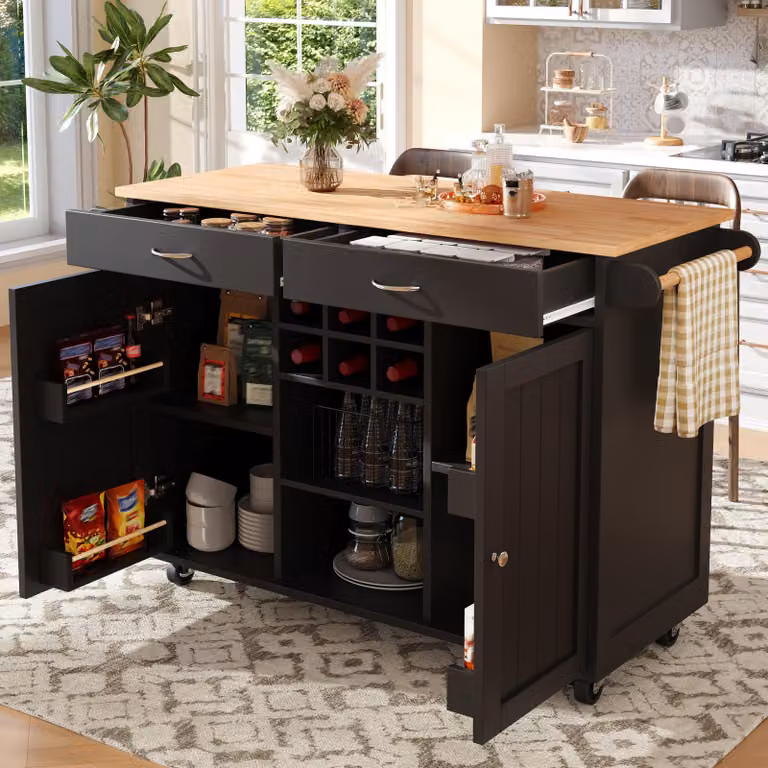 Isola da cucina, dimensioni 102 x 45 x 92 cm, isola nera con spazio contenitivo, realizzata in MDF e metallo, dotata di portabottiglie per vino, divisori regolabili e ruote