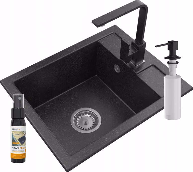 Granitan - Lavello in granito - Lavello da cucina - 50x40 cm - Nero - con rubinetteria NOOK e sifone - Lavello - BEST