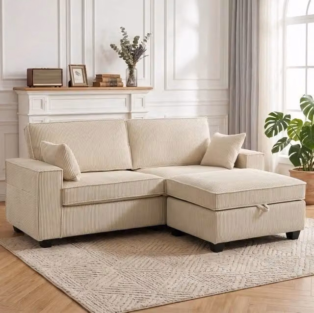Divano angolare 216x151x94 cm in tessuto beige con contenitore, per salotti compatti –