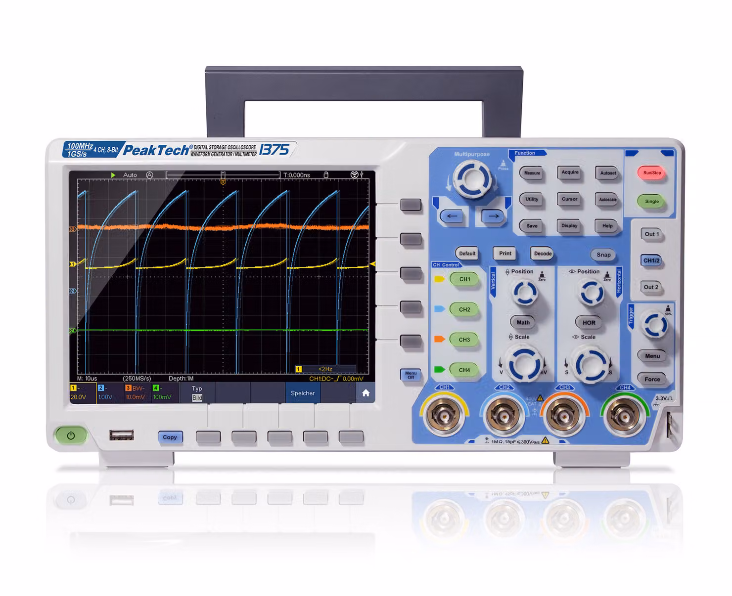 PeakTech P 1375 - Oscilloscopio tattile a 4 canali 100 MHz | 1 GS/s, 8-Bit, 8" TFT | WiFi, USB, LAN | Generatore arbitrario e multimetro | Strumento professionale da laboratorio
