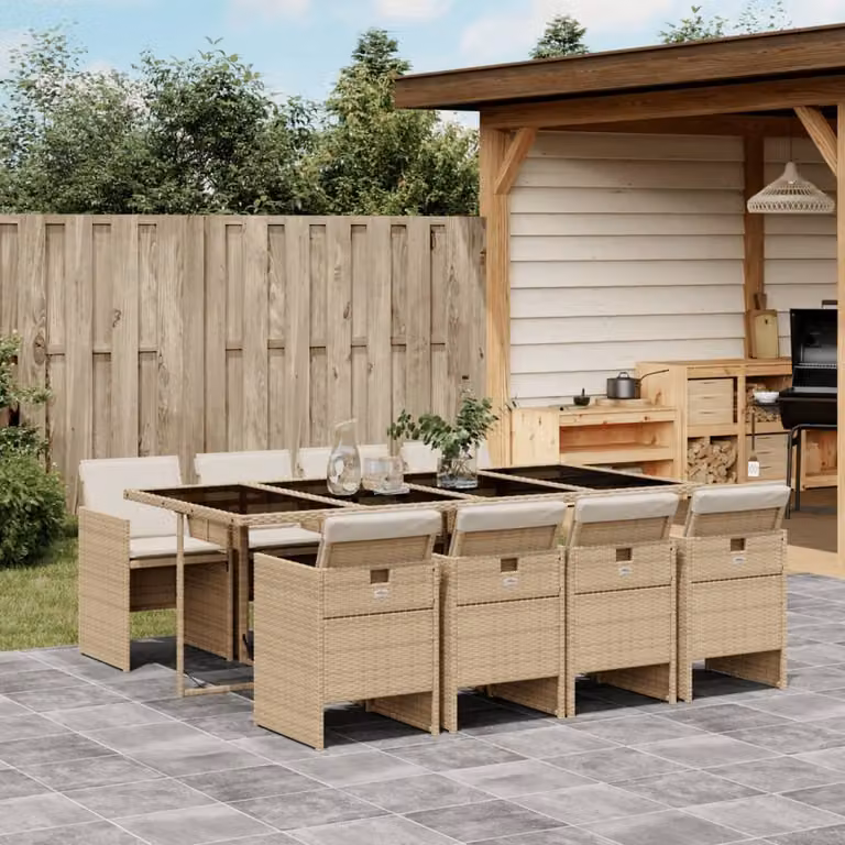 vidaXL Set da Pranzo da Giardino 9 pz in Polyrattan con Cuscini Beige e Tavolo in Vetro