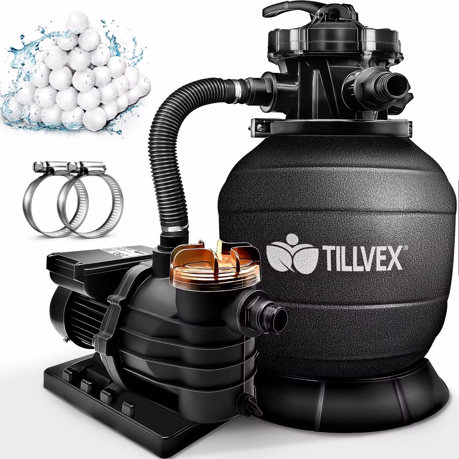 tillvex sistema di filtraggio a sabbia per piscina 10 m³/h incl. 800 g di sfere filtranti nere | sistema di filtraggio valvola a 7 vie & adattatore 2in1 Ø32mm - 38mm | filtro per piscina con indicatore di pressione | filtro a sabbia per piscine