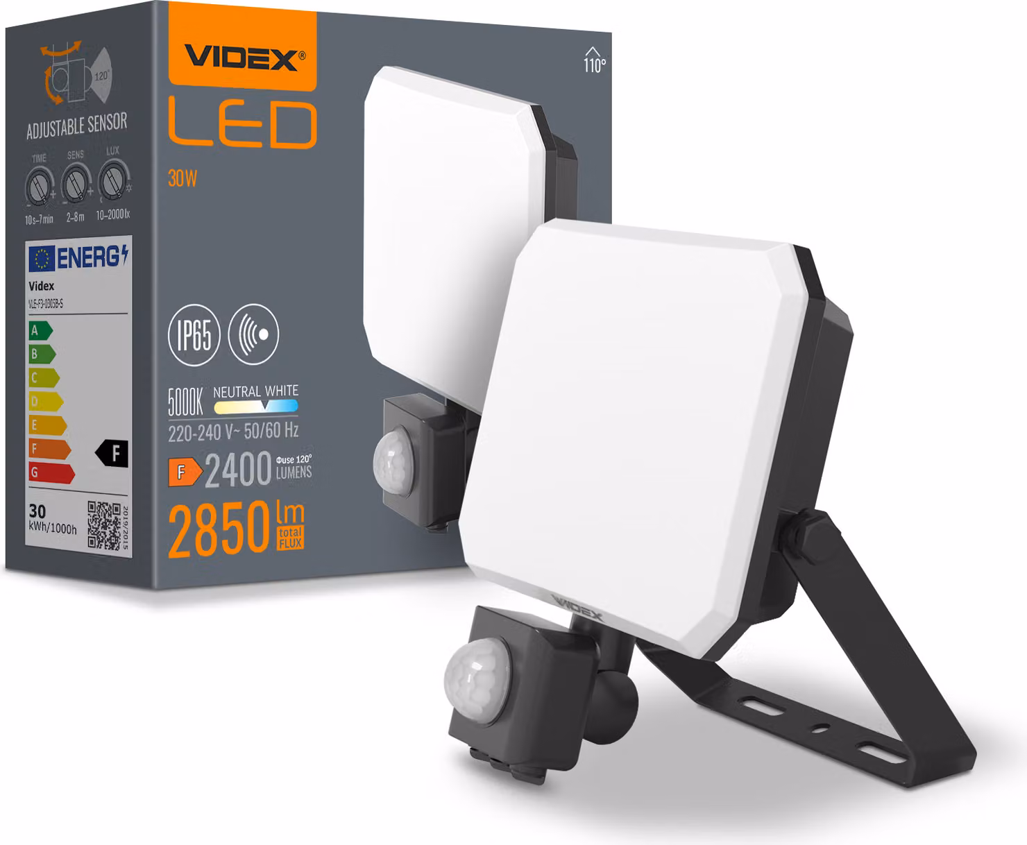 Videx Proiettore LED 30W 2850lm bianco neutro 5000K sensore di movimento IP65
