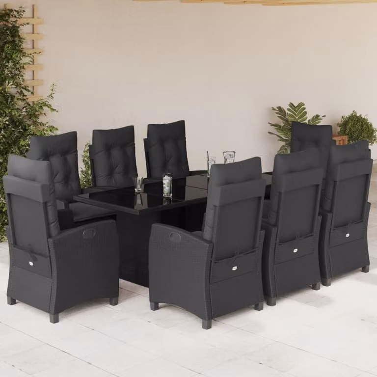 Set da pranzo da giardino vidaXL in polyrattan nero con 9 pezzi e cuscini