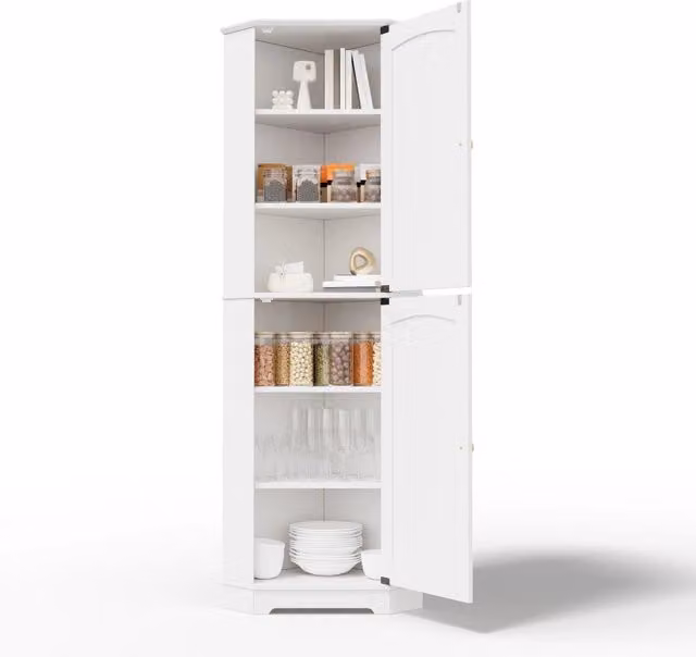 Mobile angolare moderno in MDF bianco con ante ad arco e ripiani regolabili per cucina o soggiorno, L/P/H: 42 x 42 x 166 cm – 1