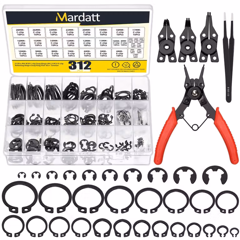 Set di anelli di sicurezza a clip C e clip E, da M4 a M28, da 1,5 a 10 mm, con pinza