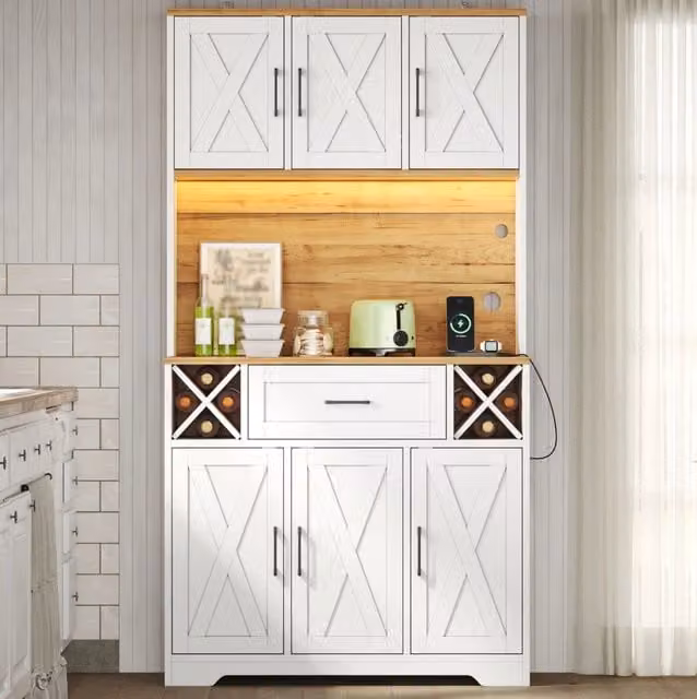 Credenza cucina alta con LED RGB; prese e portasvino; 105x40x180 cm; MDF bianco naturale