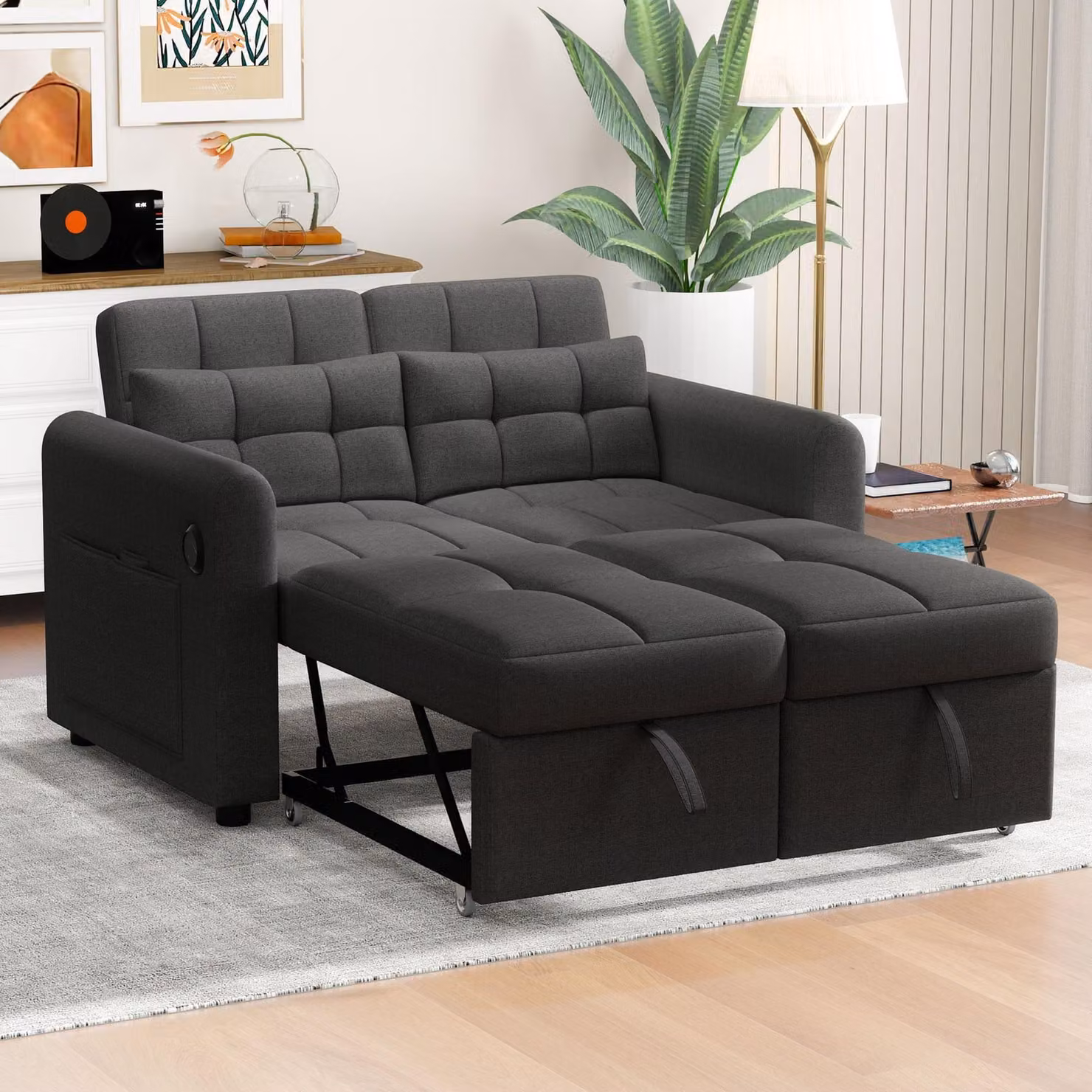 Divano letto Merax 3 in 1 - Divano a due posti con funzione letto e forma a L - Schienale regolabile, connessione USB, tasche portaoggetti - 142 x 85 cm, grigio