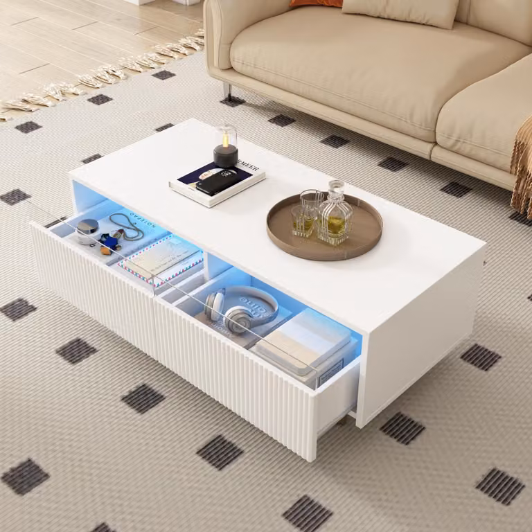 Tavolino Merax LED con 2 cassetti e illuminazione a 7 colori, tavolo da soggiorno con gambe in legno massiccio in bianco-oro, tavolino con struttura a onda, bianco