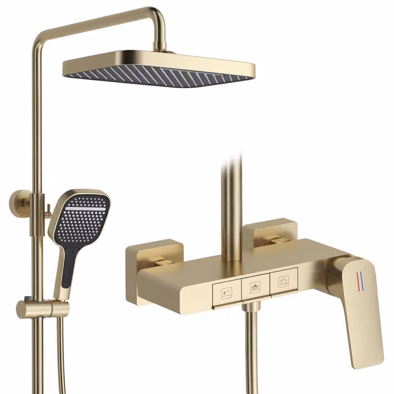 Sistema doccia con comandi a tasti, soffione da 30x20 cm, doccia a pioggia, miscelatore per vasca, in ottone 59A, regolabile in altezza, finitura oro spazzolato