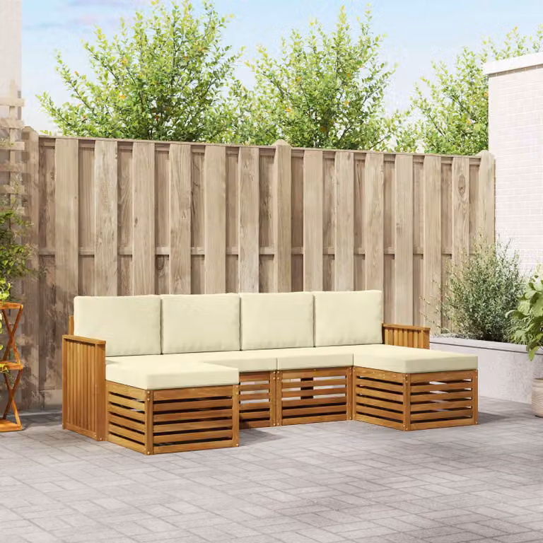 Set di divani da esterno vidaXL 6 pz in legno di acacia con cuscini, design moderno a L, colori beige, bianco e marrone