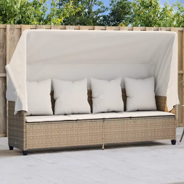 Lettino Prendisole con Baldacchino e Cuscini Beige Polyrattan 368357