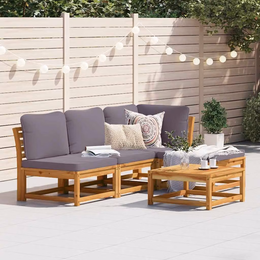 Set Salotto da Giardino vidaXL 5 Pezzi in Legno di Acacia con Cuscini, Divano a L, Tavolino e Pouf, Marrone e Grigio