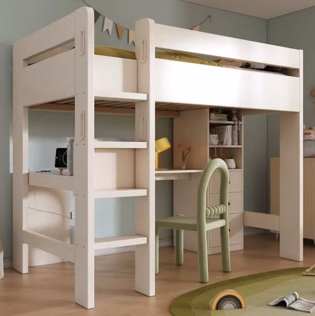 Letto a soppalco 90x200 cm bianco con scrivania, ripiani, cassetti e ricarica USB/Type-C