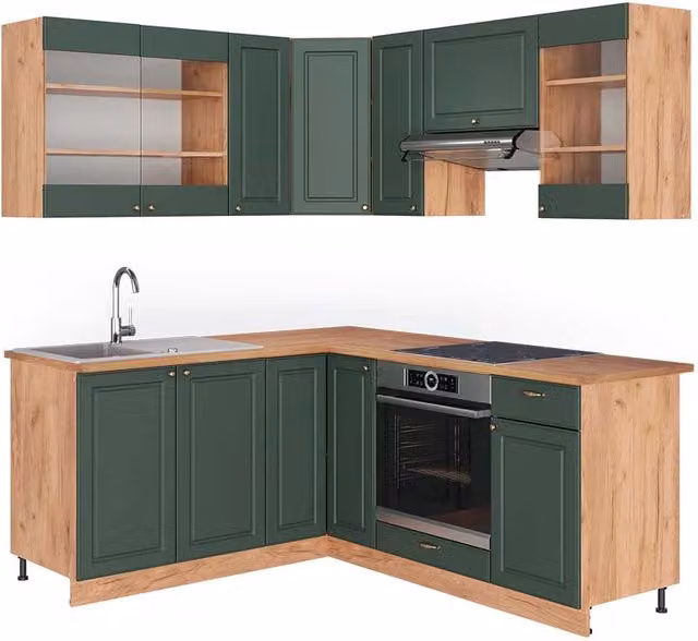 Cucina angolare completa Fame-Line Vicco in Rovere dorato e Verde-oro rustico