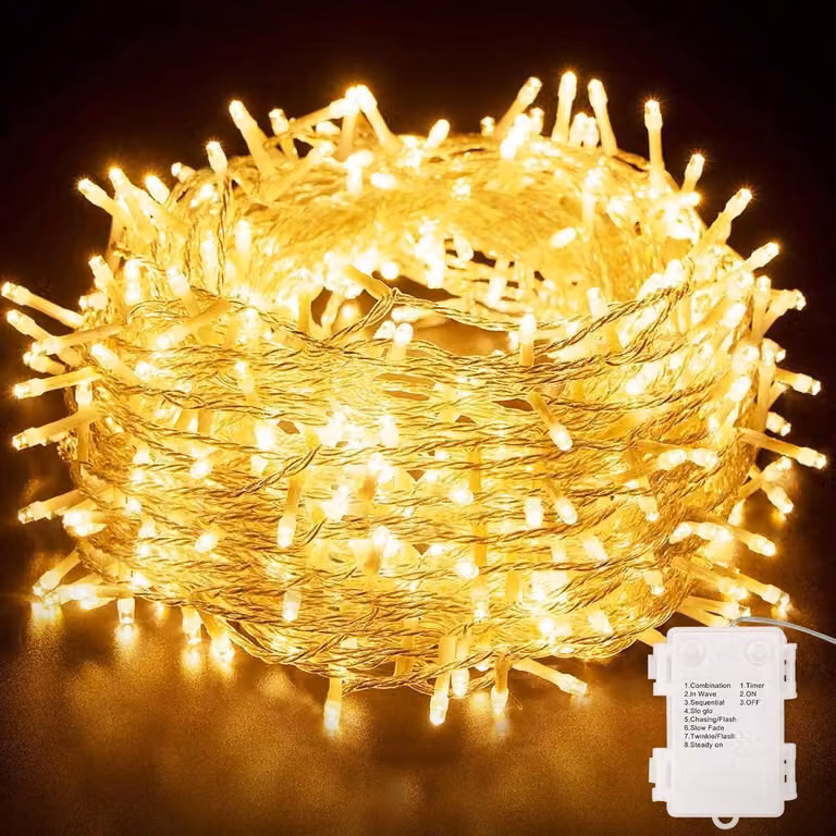 Catena luminosa a LED, 15 metri, 8 modalità, grado di protezione IP65, luce bianco caldo, con timer